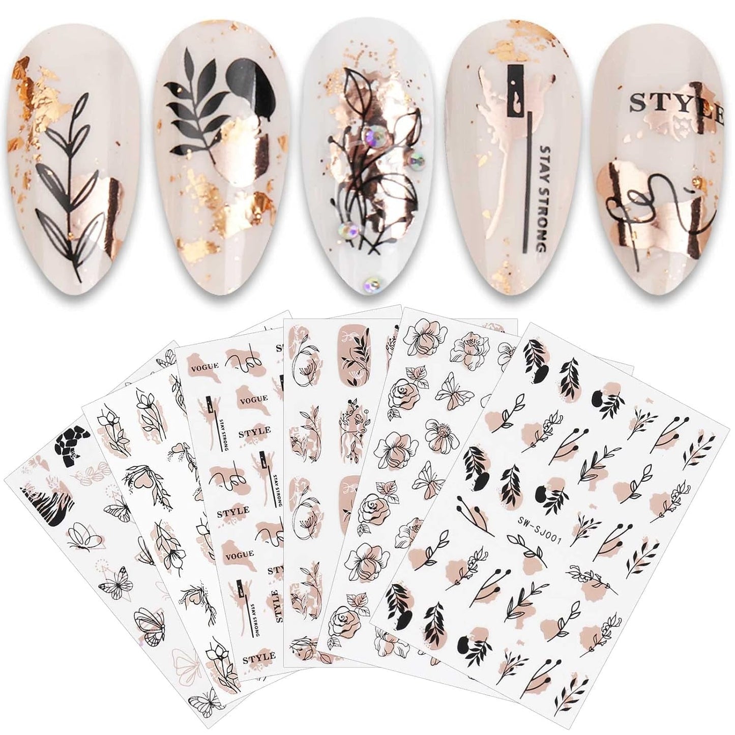 JMEOWIO Nálepka na nehty Rose Gold Schwarze Blume 12 Blatt Nálepka na nehty Selbtklebend Nagelaufkleber Frühlings Linie Abstraktes Blatt Dekoration Nageldesign Zubehör