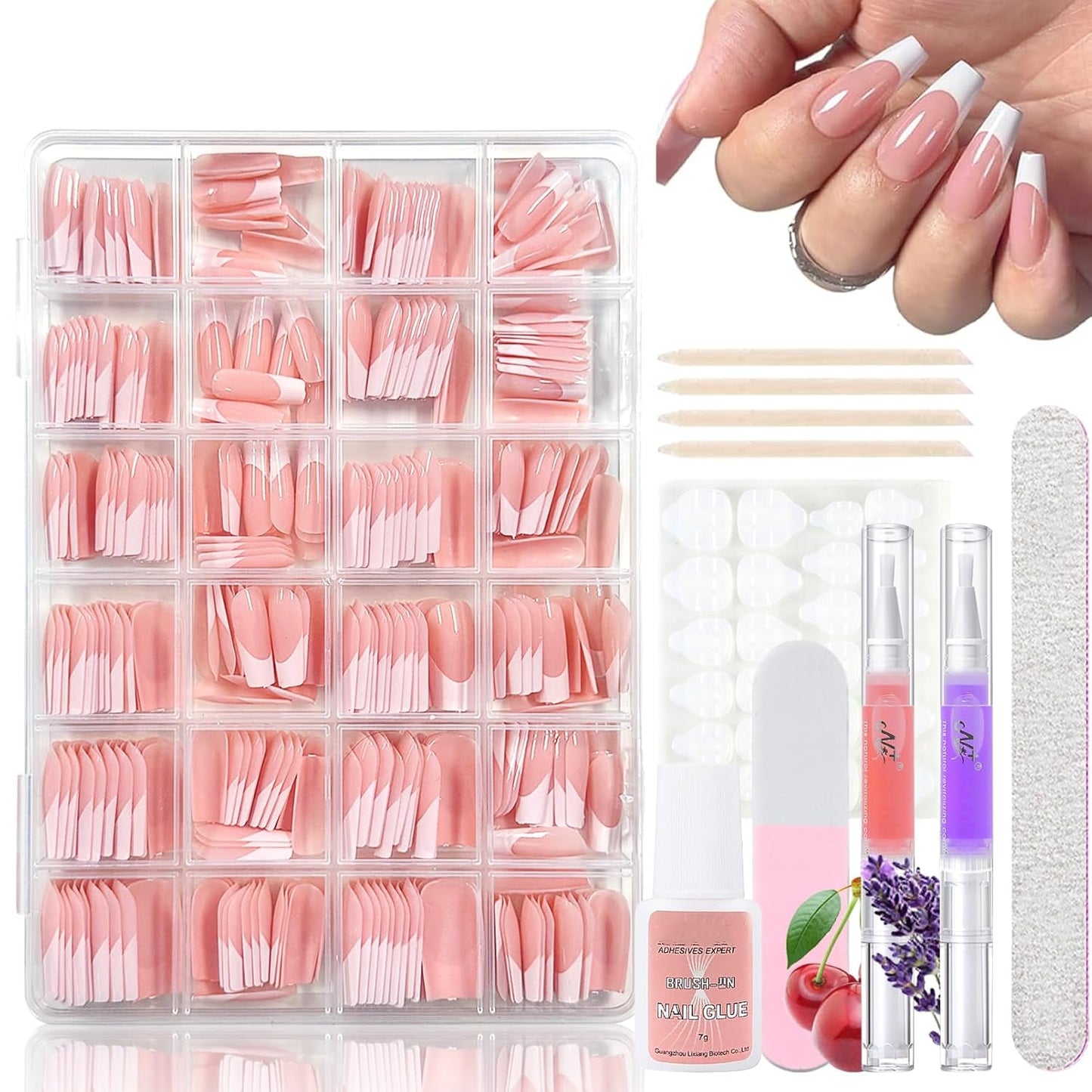 360ks Gradient Ballerina False Nails Set, růžová bílá Gradient nalepovací umělé nehty s 2ks tužky na nehty, střední umělé nehty Ombre pro ženy DIY