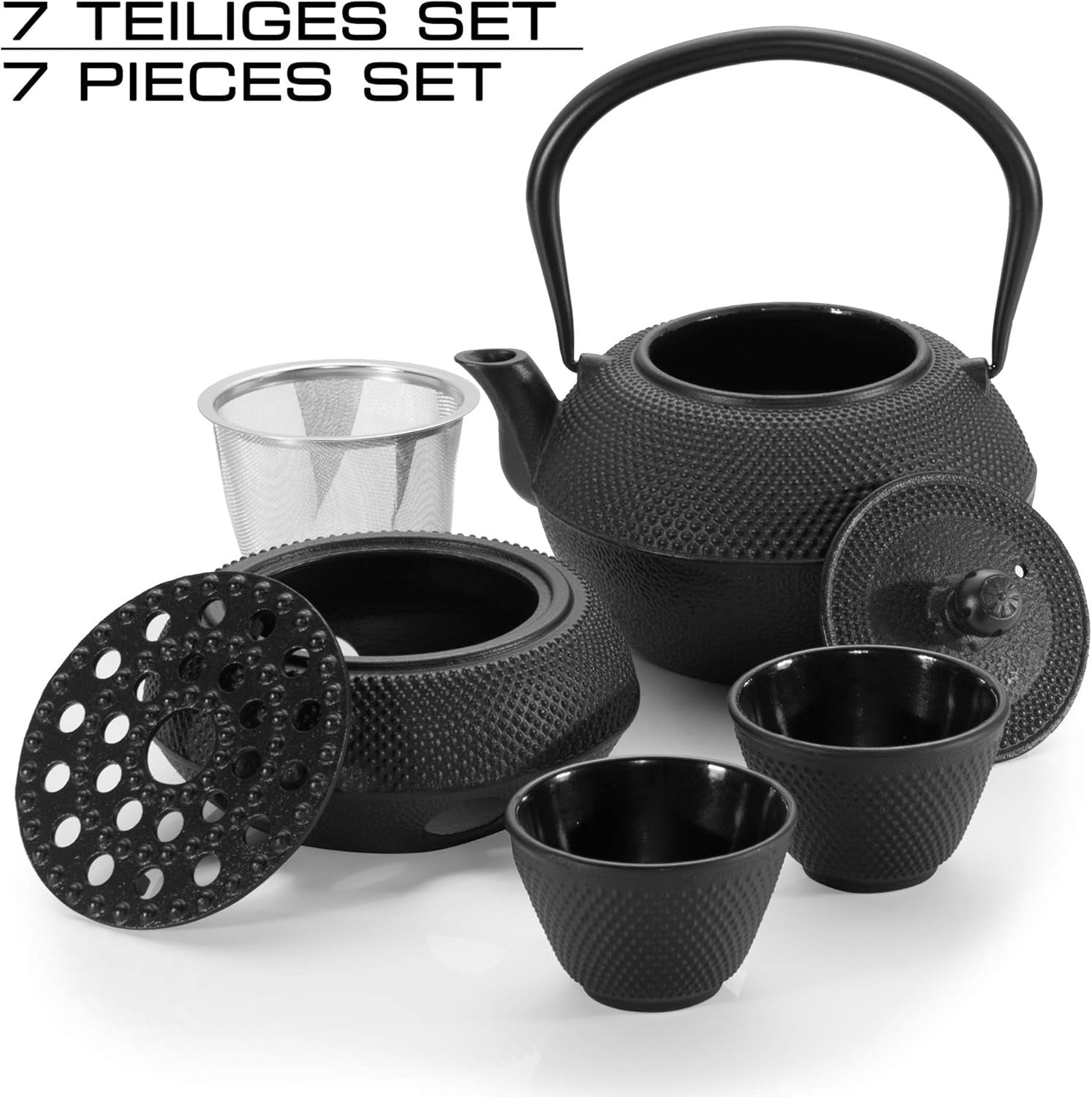 Tradiční litinový čajový set Dimono: konvička, ohřívač a 2 šálky