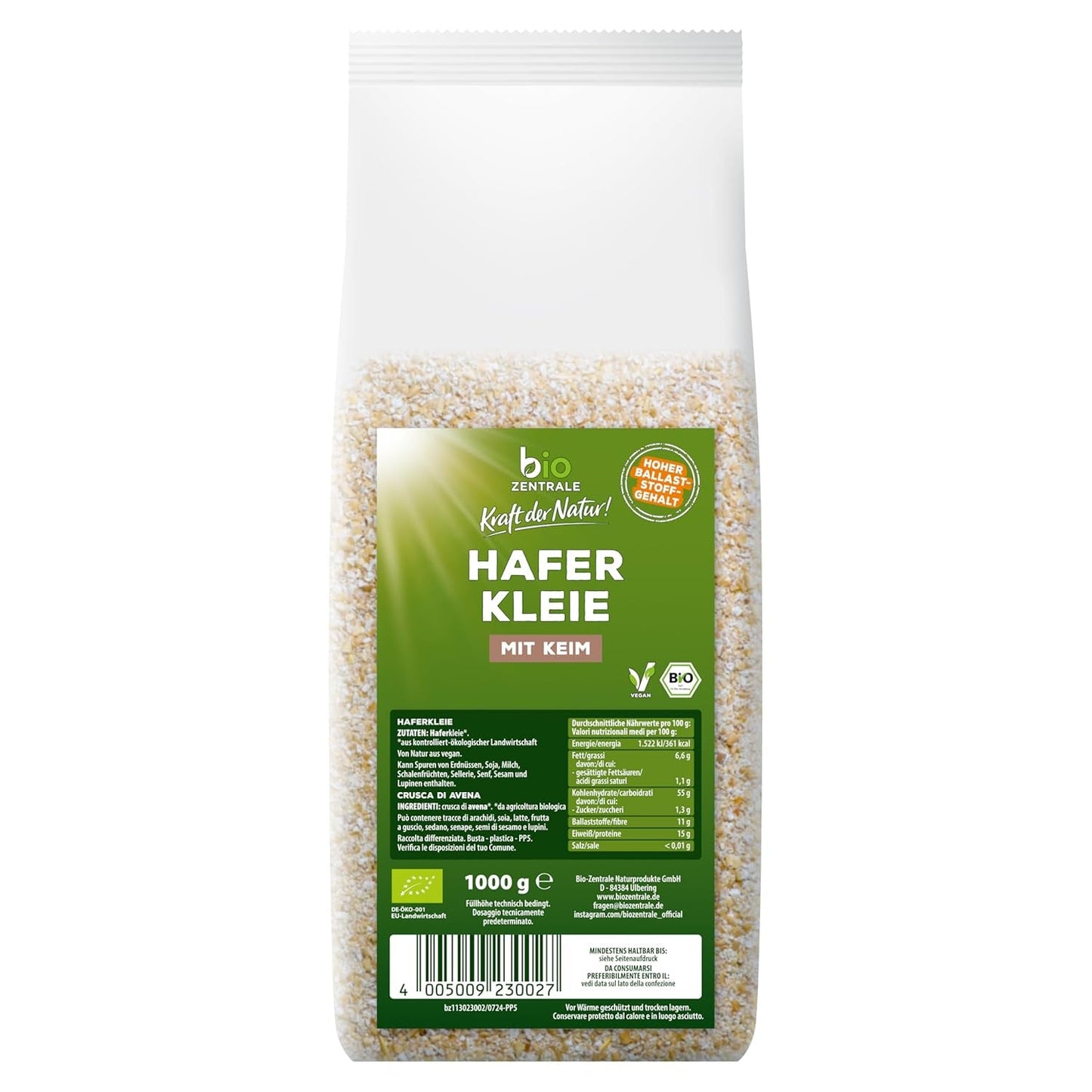 Biocentral bio ovesné otruby 1 kg | Výhodný balíček | Zdroj bílkovin s vysokým obsahem vlákniny | Přirozeně vegan | Ze zemědělství EU | Nízký obsah cukru