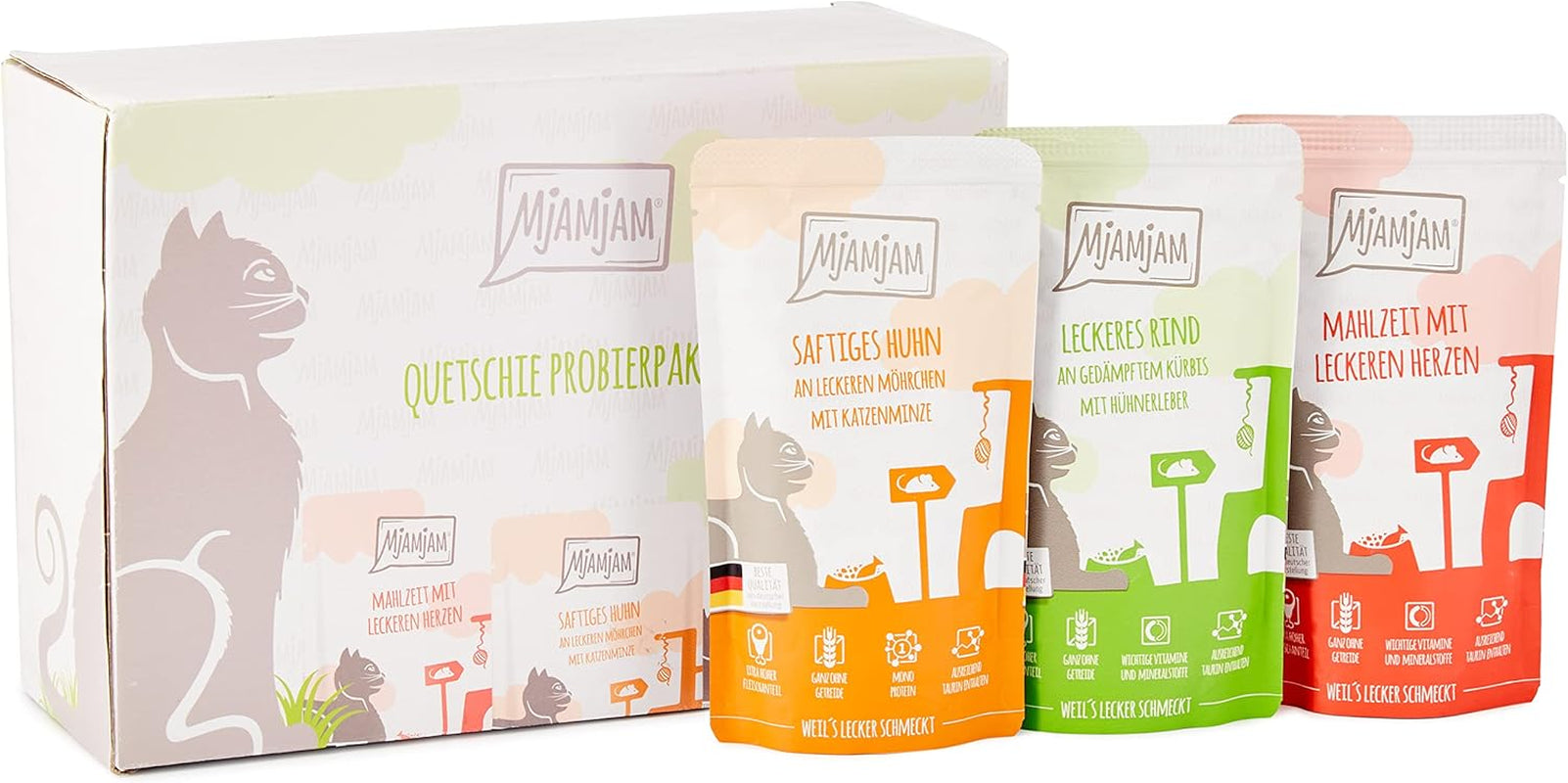 MjAMjAM - prémiové mokré krmivo pro kočky - smíšené balení I - kuře, hovězí maso, srdíčka 12 balení (12 x 125 g), bez obilovin s extra masem