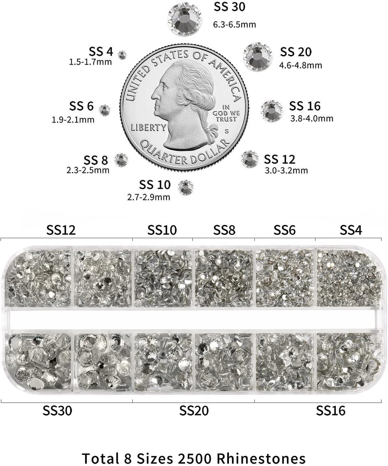 Beadsland 2500 ks Glas Nailart Strasssteine ​​​​Kristall Flatback Edelsteine ​​Runde, ​​Für Handwerk Gemischt 8 Größen SS4 ~ SS30 Mit Picking Pinzette Und Stift (Kristall Weiss)