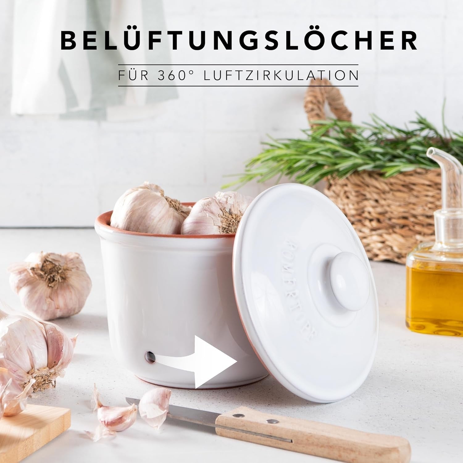 Römertopf Fresh Pot MINI 0,6 litru - Keramický hrnec na česnek - Prodyšná hlína udrží zeleninu déle čerstvou - Ideální cirkulace vzduchu - Bílé úložné boxy na potraviny Naty Shop