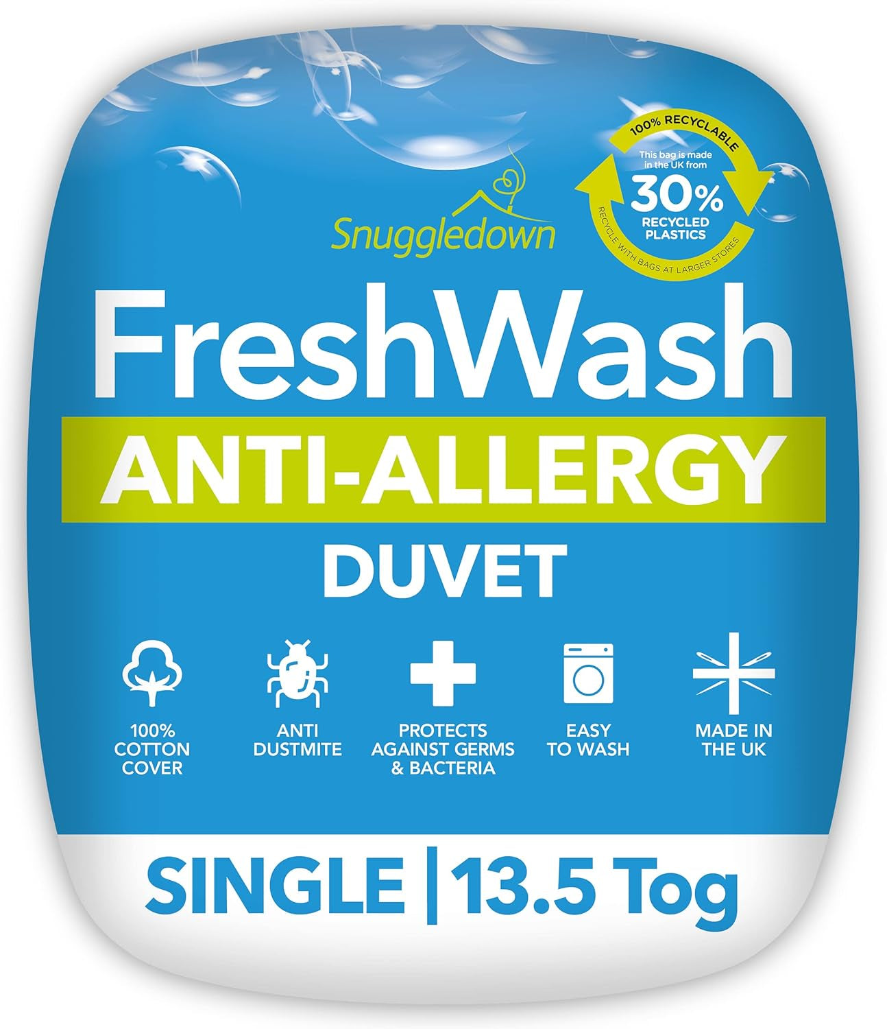 Snuggledown Freshwash přikrývka pro alergiky, 13,5 Tog Zimní teplá, Bavlna, Bílá, Jednolůžková Přikrývka Naty Shop Twin 13,5 Tog