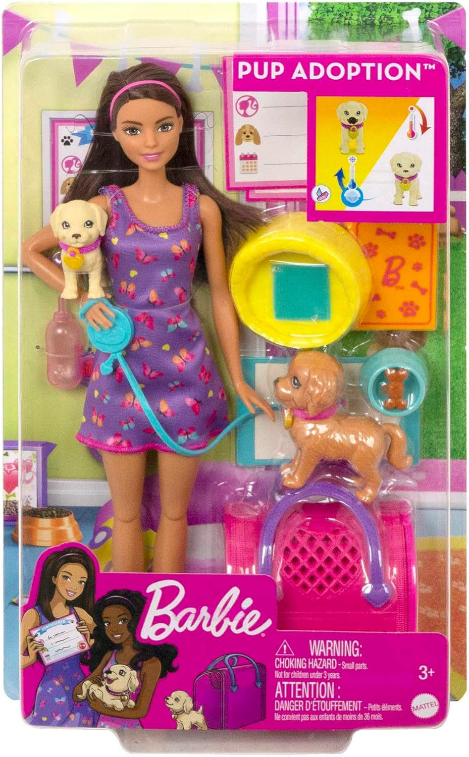 Adopční štěně Barbie - panenka a 2 štěňata, s adopčními certifikáty, efektem změny barvy, klecí a doplňky, pro děti od 3 let, 86 HKD