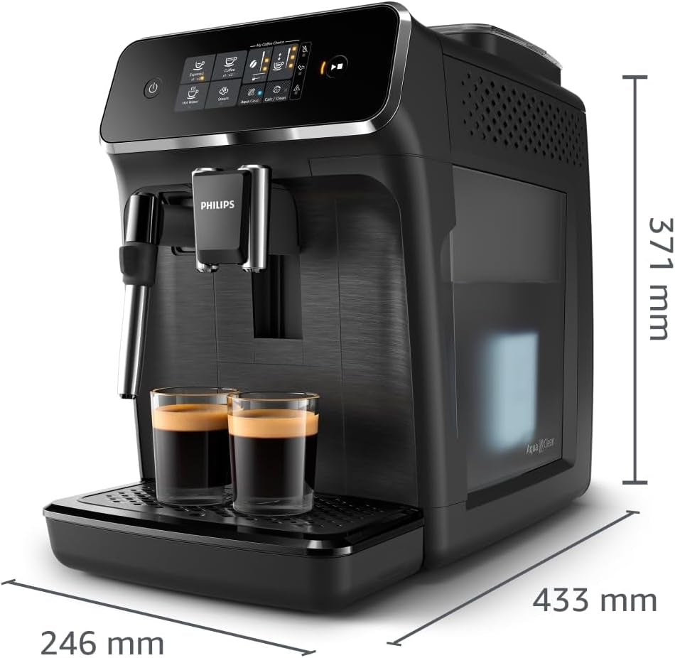 Automatický espresso kávovar PHILIPS řady 2200 - 2 kávové speciality, dotykový displej, klasický napěňovač mléka, keramický mlýnek, matná černá (EP2220/10)