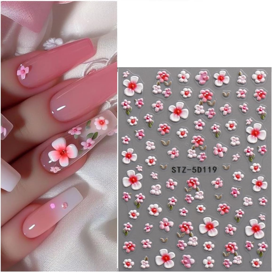 JMEOWIO 3D Nálepka na nehty Blume Nálepka na nehty Selbstklebend Nagelaufkleber 5D Stereoskopické jarní letní květinové dekorace Nageldesign Zubehör 4 Blatt