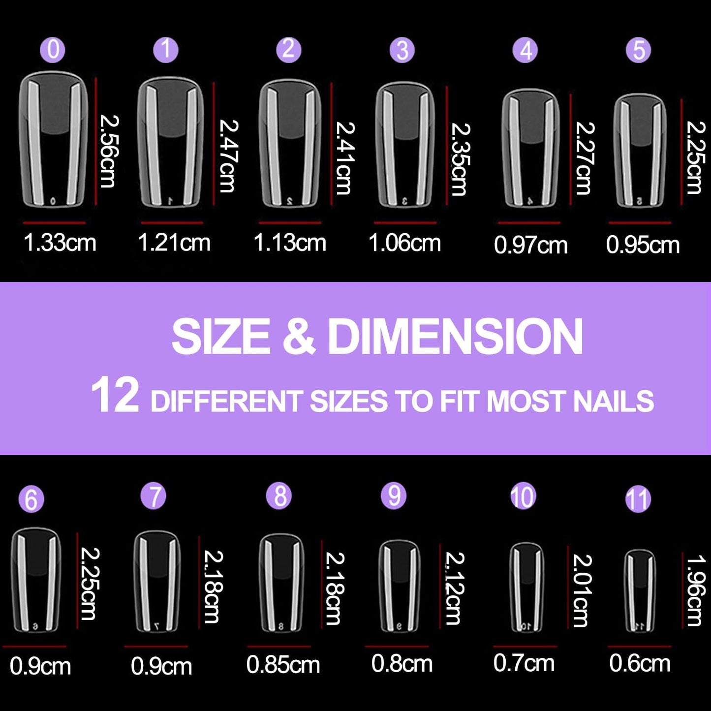 Full Cover False Nails 504 Pack 12 velikostí Umělé nehty s lepidlem na nehty Akrylové umělé nehty s úložným boxem pro nehtové salony a domácí nail art (čtvercové)
