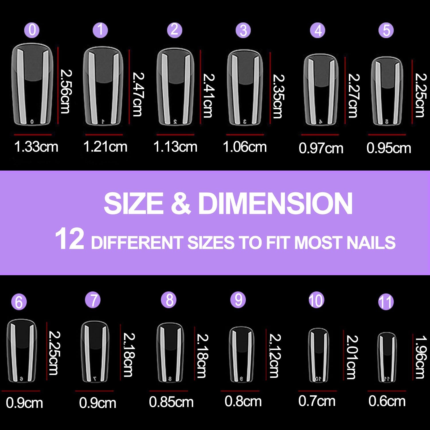 Full Cover False Nails 504 Pack 12 velikostí Umělé nehty s lepidlem na nehty Akrylové umělé nehty s úložným boxem pro nehtové salony a domácí nail art (čtvercové)