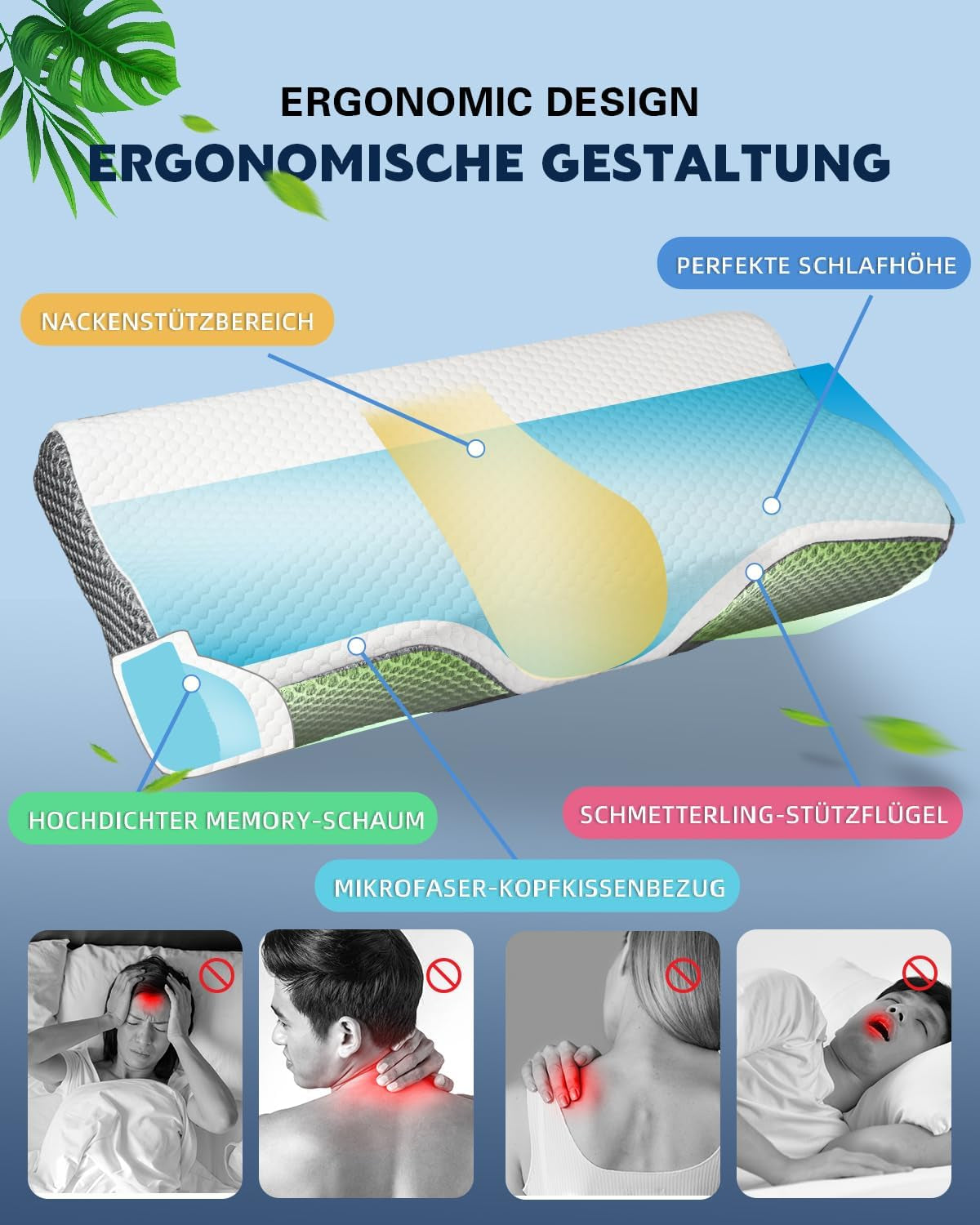 IDEA Polštář, Ergonomický ortopedický polštář na bolest krku, Polštář z paměťové pěny pro boční, zadní a břišní spáče, Polštář proti chrápání pro muže Ženy (62 * 34,5 * 12/8CM) Krční ortopedické polštáře Naty Shop