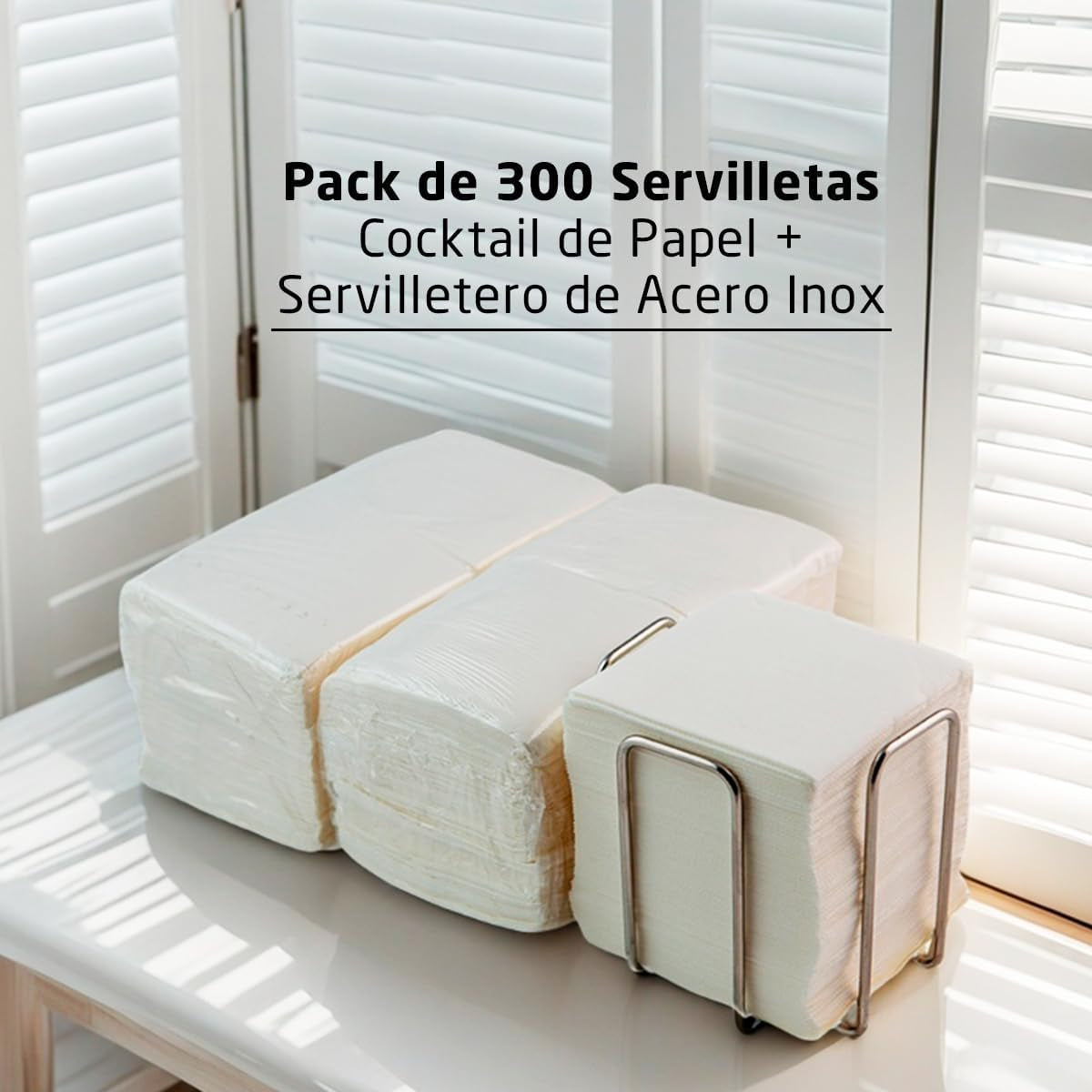 Balení 300 bílých koktejlových papírových ubrousků + držák na ubrousky z nerezové oceli Textura mikroteček Silný absorbent 10 x 10 cm složené dohromady