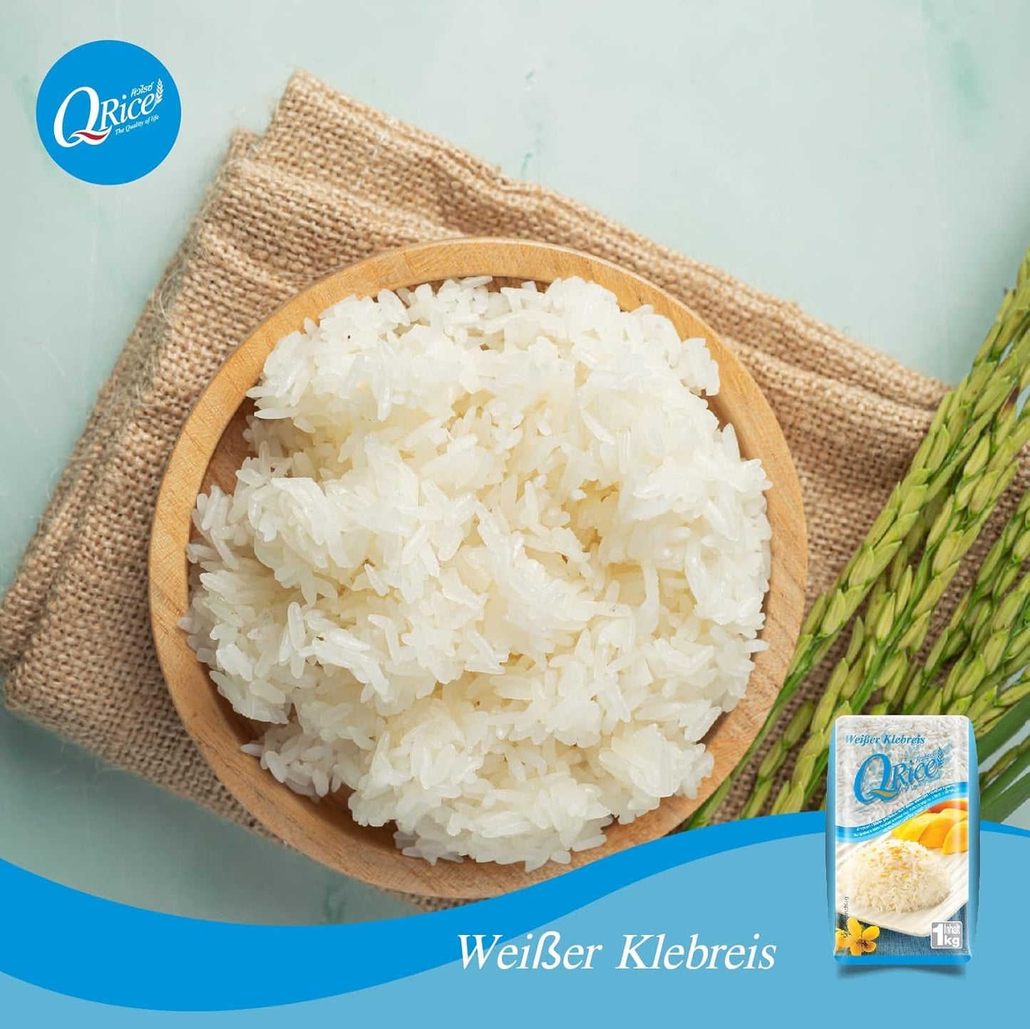 Q RÝŽE | Weißer Klebreis Langkorn z Thajska | Aromatisch mit klebriger Textur | Ideální na kari, sushi, mochi nebo rýžový nákyp 1 x 1 kg