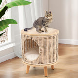Katzenhaus Rattan, Katzenmöbel mit Holzbeinen & soft Kissen, 3v1 Katzenhöhle Fußhocker Nachttisch, Katzenbett stabil bis 30 kg für Wohnzimmer Schlafzimmer