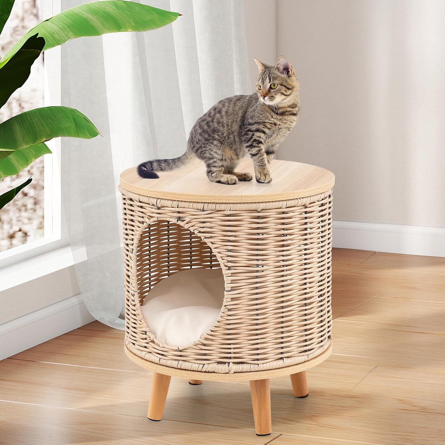 Katzenhaus Rattan, Katzenmöbel mit Holzbeinen & soft Kissen, 3v1 Katzenhöhle Fußhocker Nachttisch, Katzenbett stabil bis 30 kg für Wohnzimmer Schlafzimmer