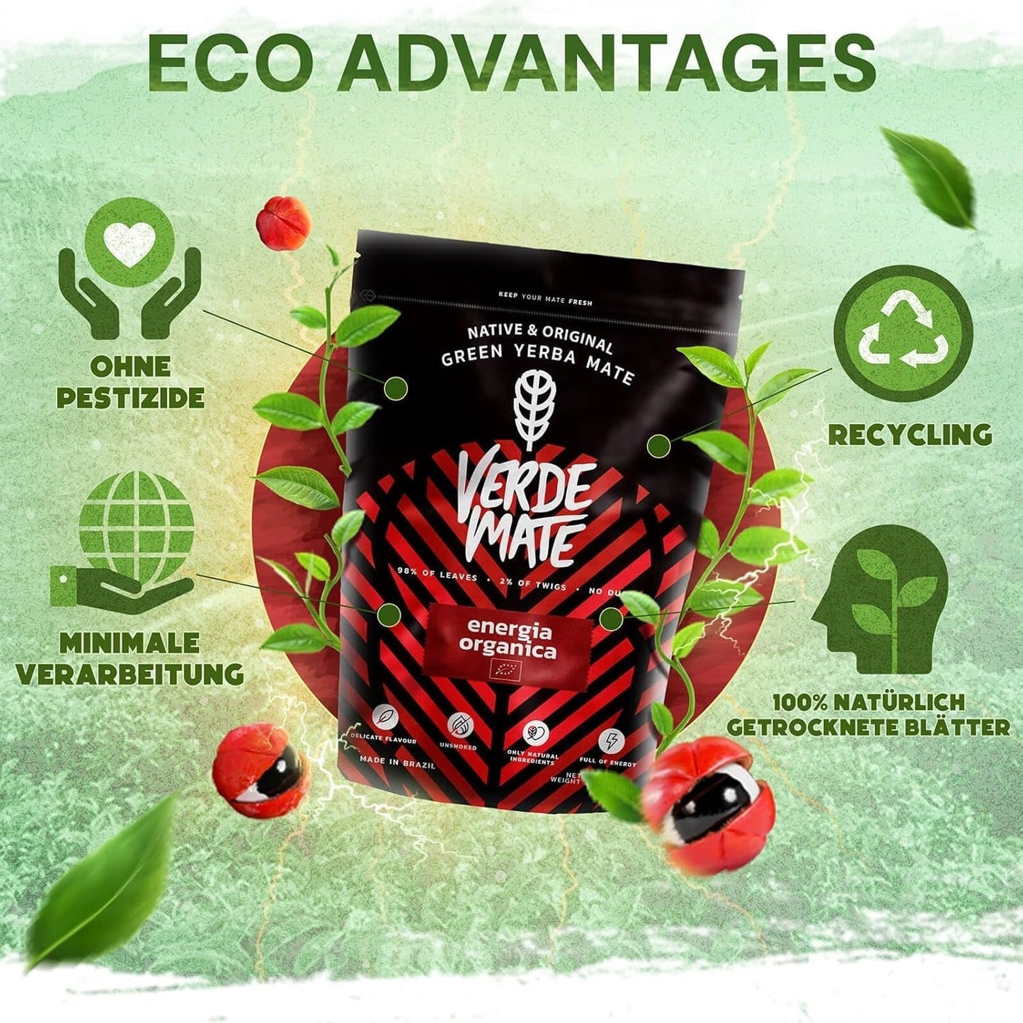 Green Mate Green Orgánica Energy Guarana 500G | Organický čaj Yerba Mate z Brazílie | Přirozený obsah kofeinu | Organický čaj Maté