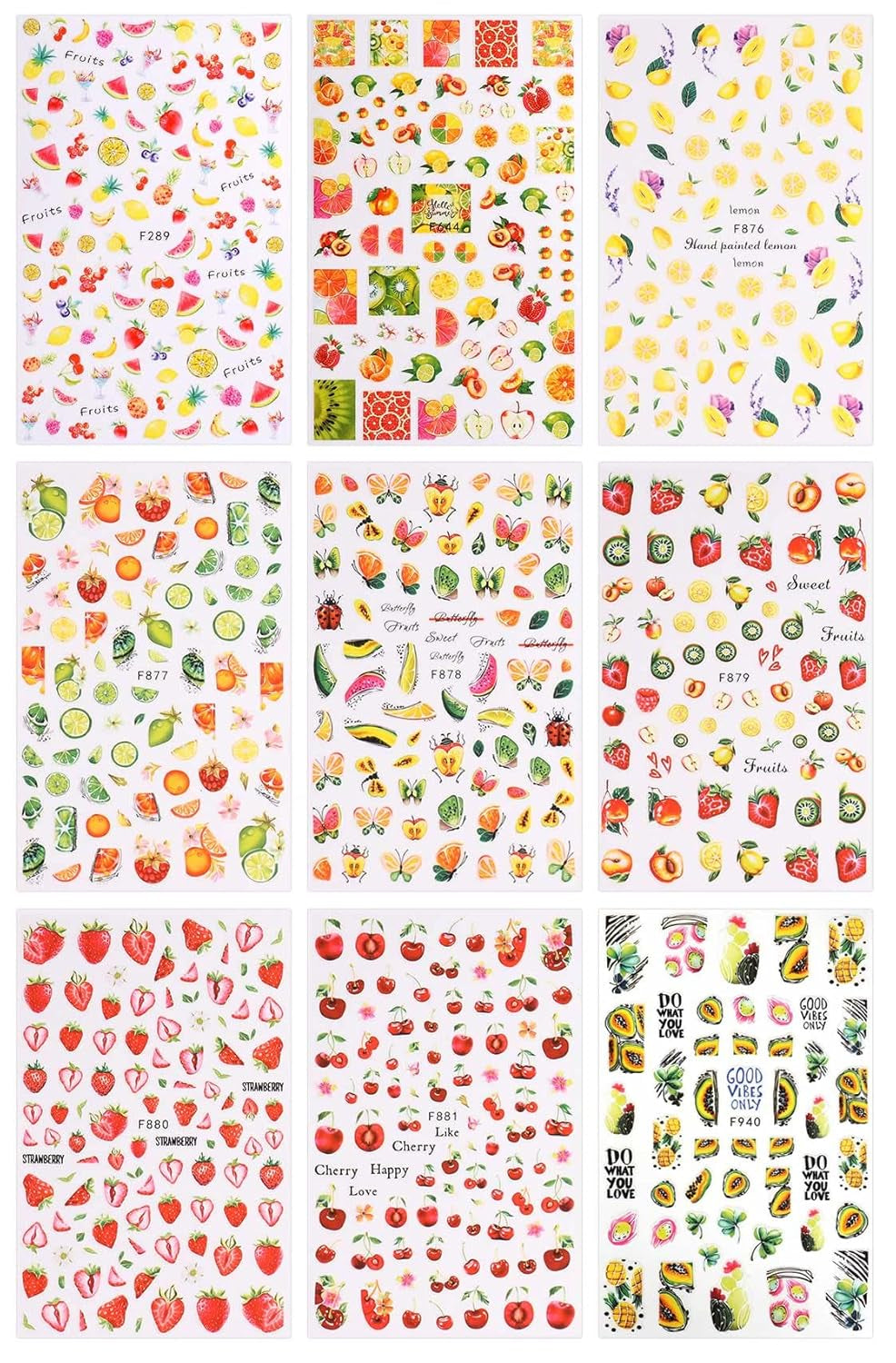 JMEOWIO Samolepka na nehty Sommer Frucht 9 Blatt Samolepka na nehty Selbtklebend Nagelaufkleber Zitronen Dekoration Nageldesign Zubehör