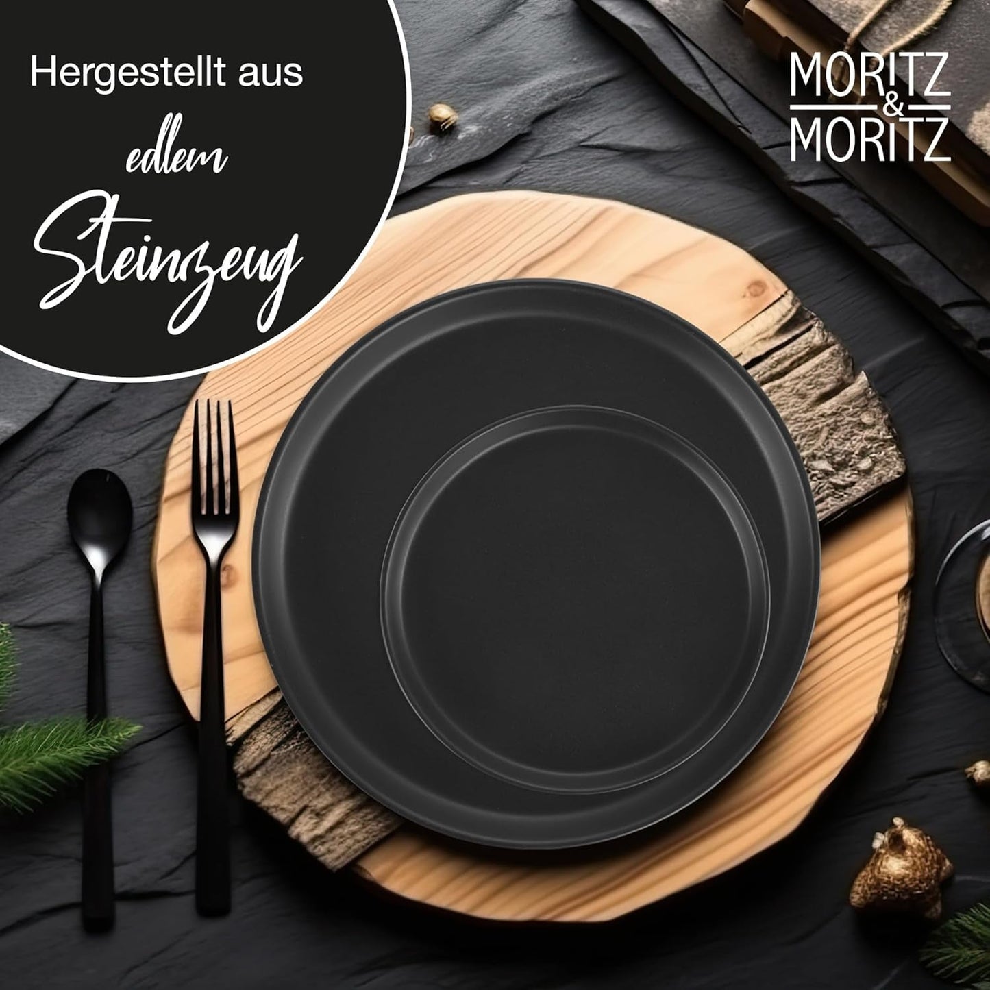 Moritz & Moritz NORDIC Sada nádobí pro 6 osob - 18dílná sada černého nádobí z černého nádobí - Skandinávský design - Sada robustního nádobí pro 6 osob pro každodenní použití a hosty - Kombinovaná sada nádobí