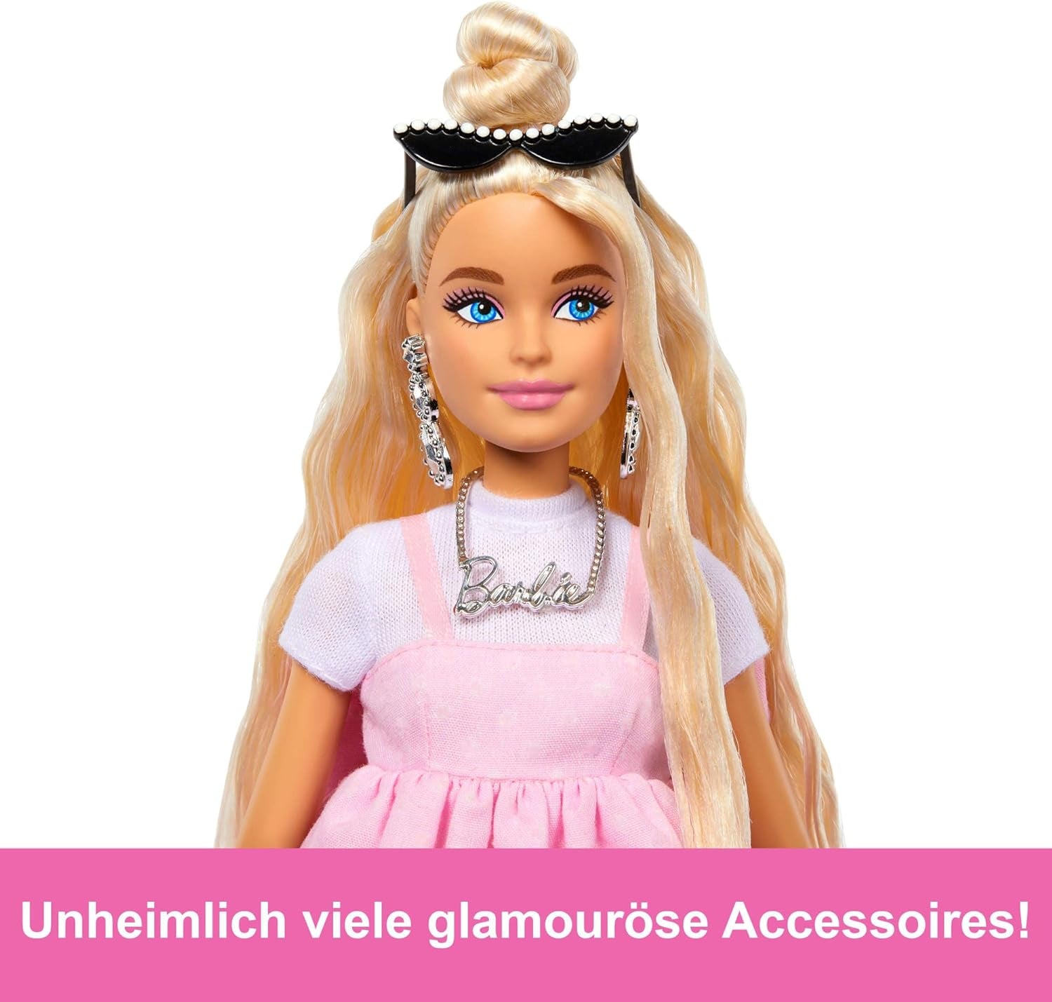 Panenka Barbie Deluxe Style č. 3 with Barbiecore outfit, blonde hair in a high bun, pastel pink dress with oversized bow and accessories like fishnet tights, HYV27