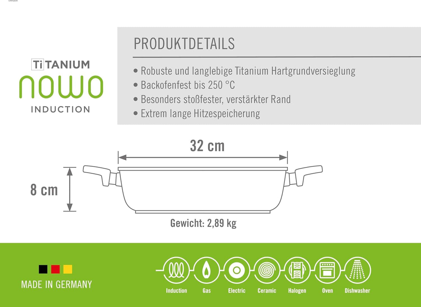 Woll Nowo Titanium Kasserole - Induktiv -, Ø 32 Cm, 8 Cm Hoch, 5,5 Liter, Mit 2 Seitengriffen - Geeignet Für Alle Herdarten Formy a plechy na pečení Naty Shop