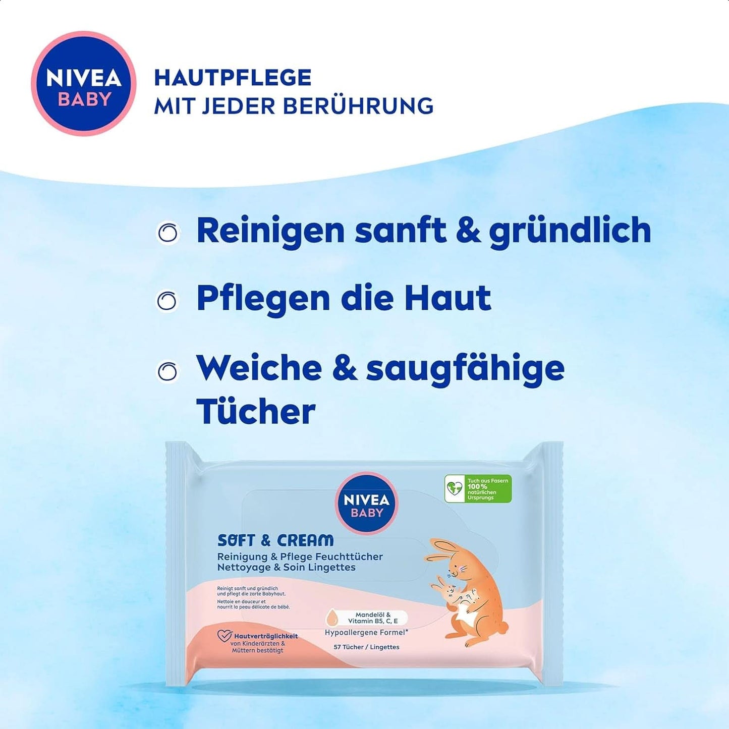 NIVEA BABY Soft & Cream Feuchttücher, Baby Feuchttücher Zur Sanften Reinigung Empfindlicher Babyhaut, Hypoalergen Feuchttücher Für Babies Mit Mandelöl Und Vitaminen (4 X 57 Stück) Naty Shop