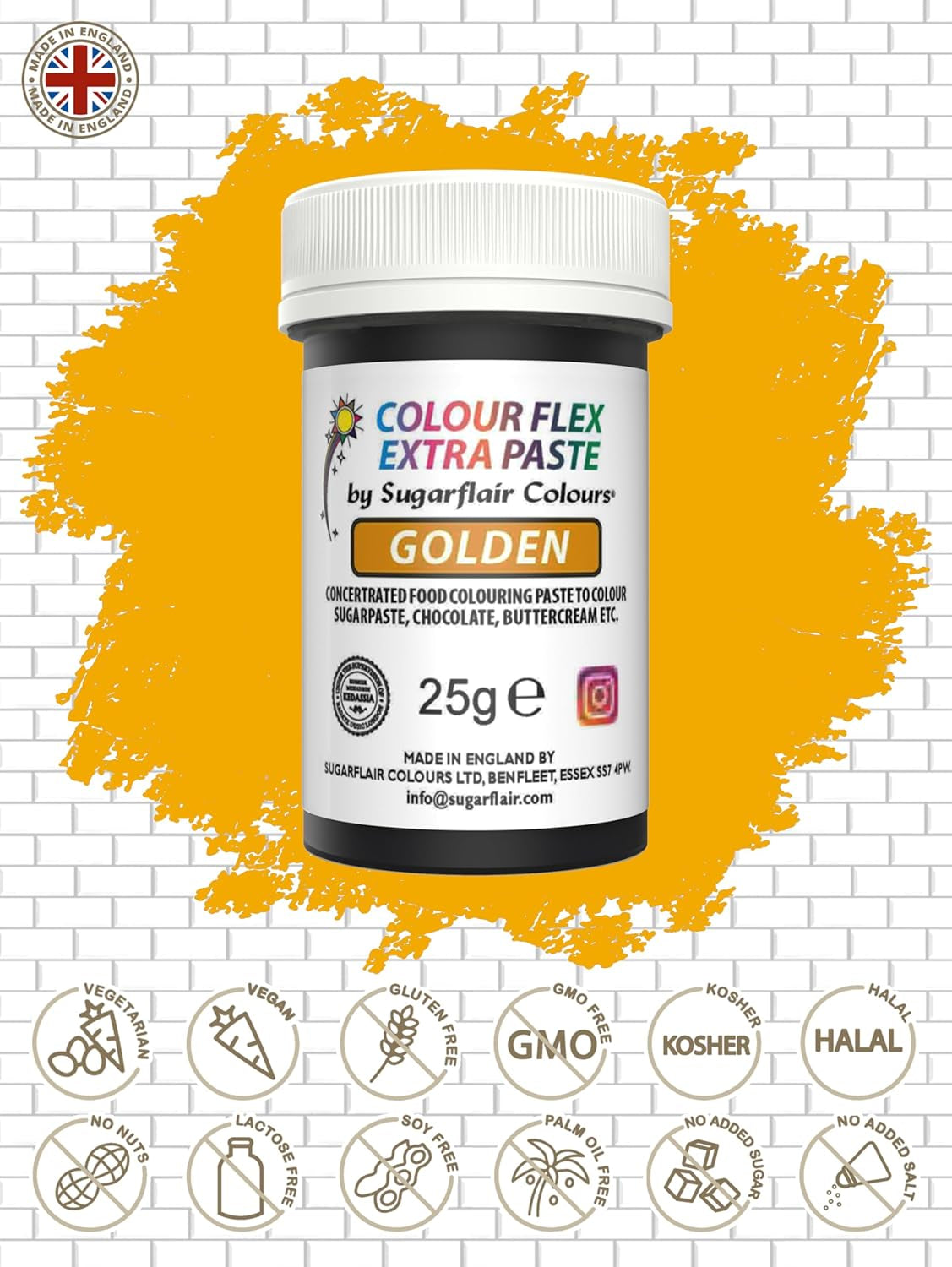 Potravinářské barvivo Sugarflair Colourflex Extra Paste Golden - Jedlé potravinářské barvivo na máslový krém, čokoládu, cukrovou pastu, polevu, fondán, dortové směsi, těsta a další - 25g