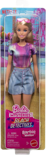 Panenka Barbie Mysteries: Malibu Beach Detectives s originálním oblečením a doplňky, včetně slunečních brýlí, JFV63