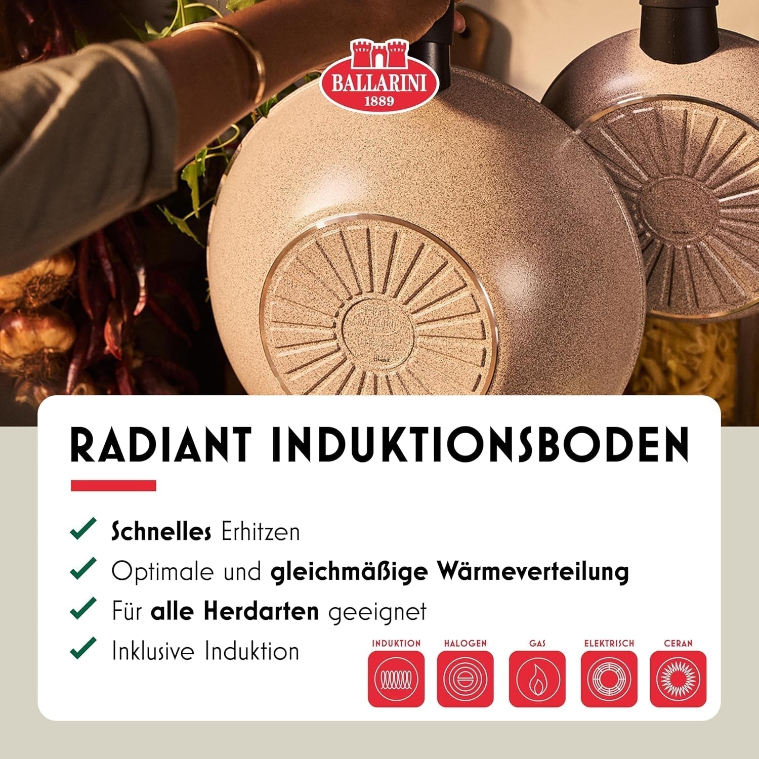 Pánev Ledro, 24 cm, hliník, vhodná na indukci, nepřilnavý keramický povrch, Thermopoint, Made in Italy, béžové Hrnce a pánve Naty Shop