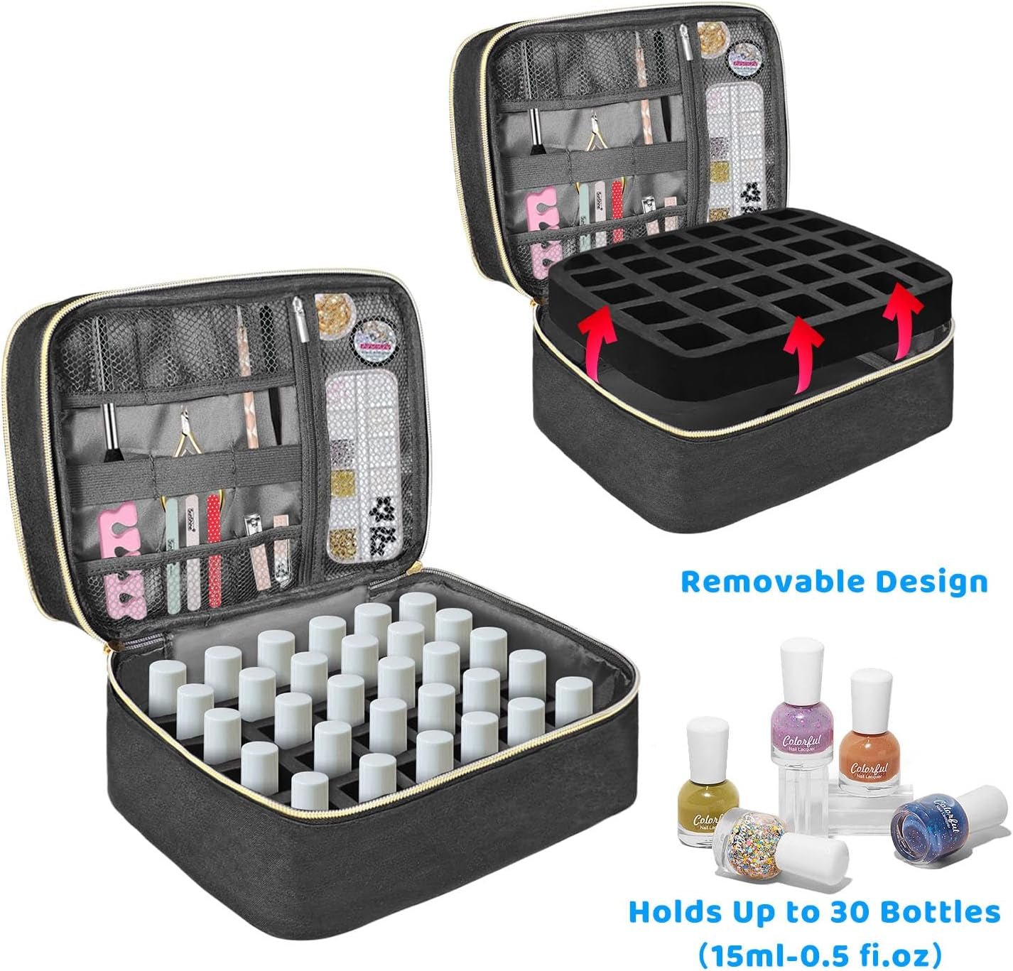 Tasche s organizérem laku na nehty, úložná krabička na lak na nehty Doppelschicht, organizér Koffer Für Nageldesign Kosmetiktasche Für 30 lahviček s neonailovou bází (15 ml-0,5 Fl. Oz) & 1 lampa na nehty (Schwarz)