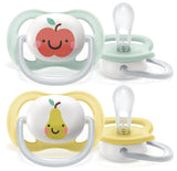 Dudlík Philips AVENT ultra air - 2-balení, bez BPA, prodyšný, pro miminka 0-6 měsíců, včetně pouzdra a sterilizace, jablko/hruška (model SCF080/17)