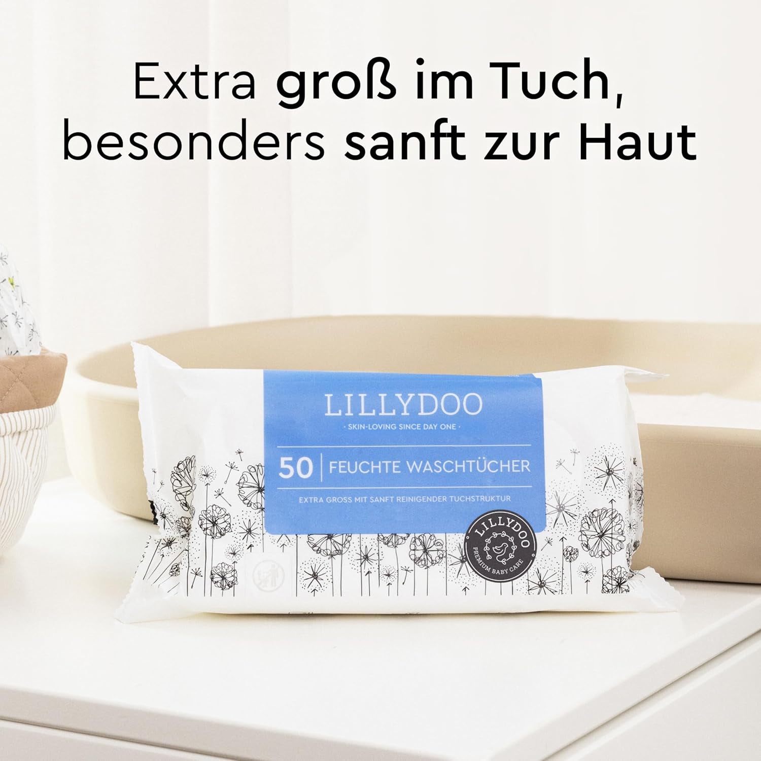 LILLYDOO vlhčené ubrousky 50 kusů 100% extra velké ubrousky bez plastů Neparfémované