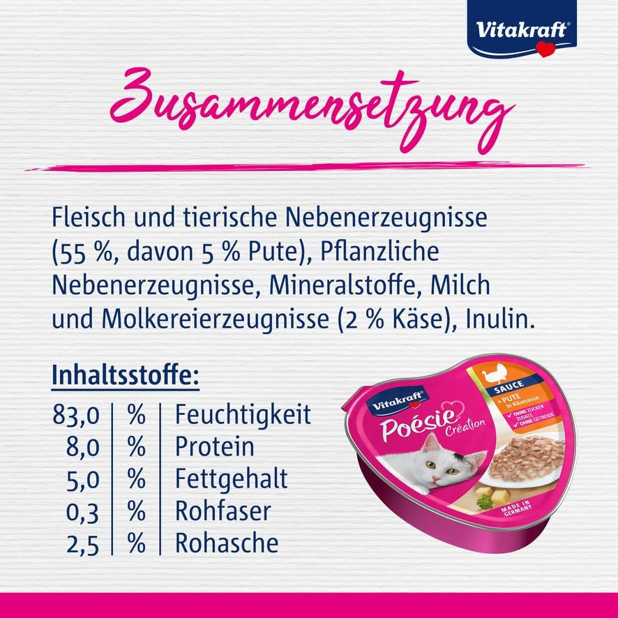 Vitakraft Poésie Création, mokré krmivo pro kočky, mokré krmivo pro kočky v omáčce, s krůtou v sýrové omáčce, multipack, bez přidaného cukru nebo obilovin (15 x 85 g)