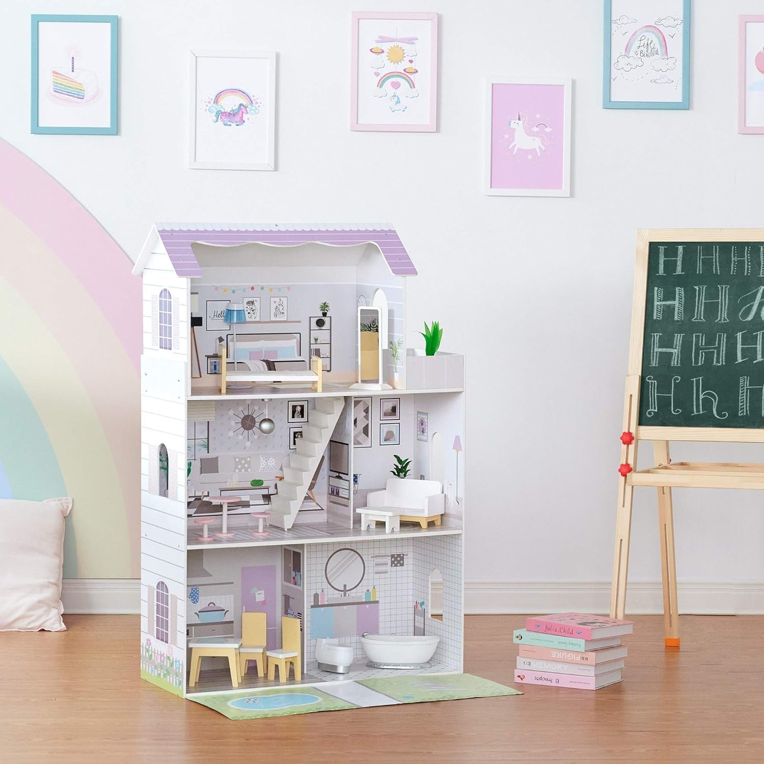 Obří domeček pro panenky Teamson Kids Olivia's Little World se 16 doplňky pro panenky, dřevěný domeček pro panenky s nábytkem, 3patrový, 30 cm domeček pro panenky pro děti, věk 3+