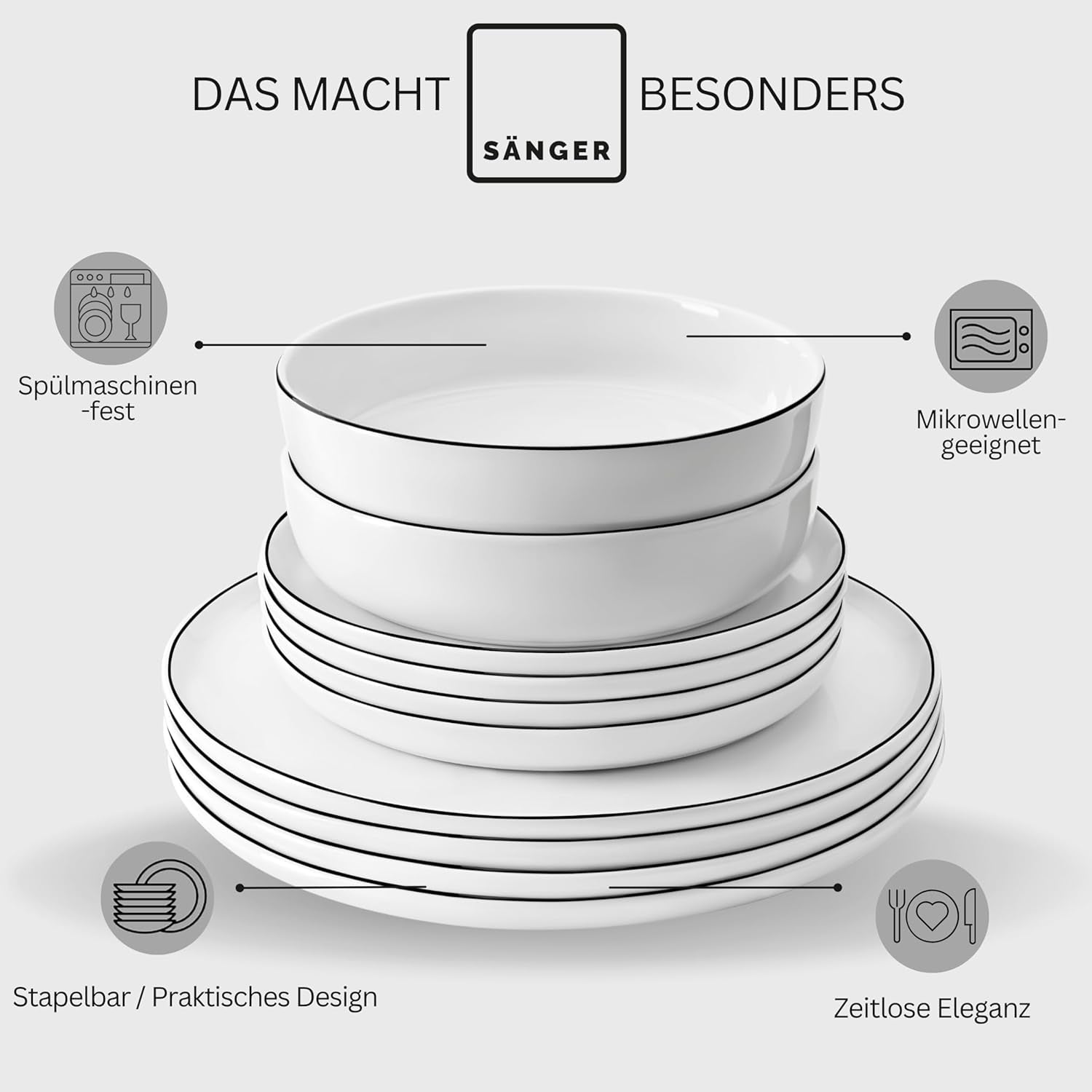 SANGER | Marlo Černobílá sada nádobí, 18dílná sada porcelánového nádobí pro 6, bílá s černými akcenty, Talíře, dezertní talíře a misky, moderní design | PRÉMIOVÁ KOLEKCE