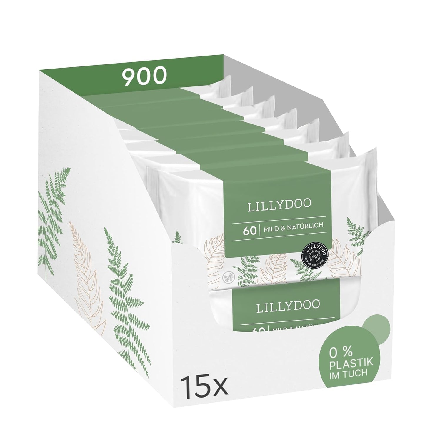 Zelené vlhčené ubrousky LILLYDOO, počet 600 (10 x 60), 100% ubrousek odolný proti roztržení bez plastů – bez parfemace, jemný a přírodní, jemný čistící prostředek pro citlivou pokožku, dermatologicky testováno
