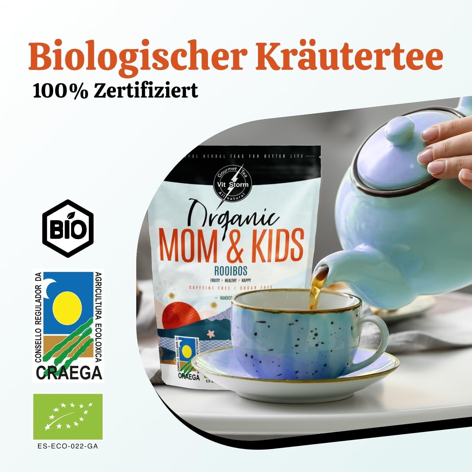 VITSTORM® BIO TEE Mom & Kids - Čaj pro ženy a kojící ženy - Rooibos, jablko, fenykl, meduňka, alchemilka, jahoda - Relaxační čaj - Ovocný a lahodný - Bez kofeinu - Bylinný čaj 100 g