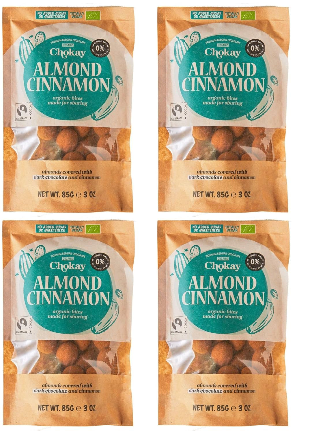 Sada 4 bio kousků - skořicové mandle/skořicové mandle v belgické hořké čokoládě/bez přidaného cukru, bez sladidel/VEGAN & FAIR TRADE / 4 x 85g