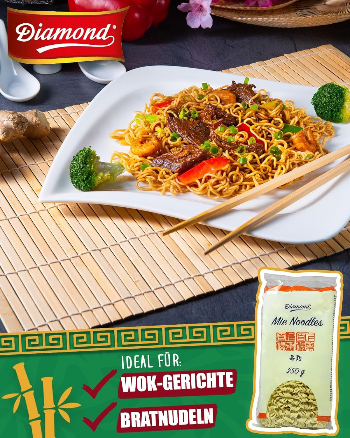 DIAMOND Mie Noodles, pšeničné nudle bez vajec, rychlá a snadná příprava, vegetariánské - 8 x 250 g