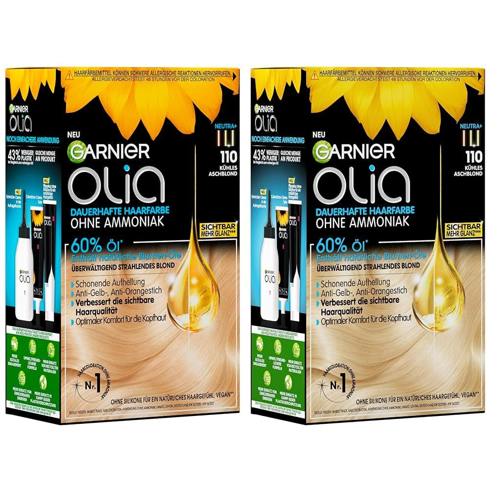 Garnier Olia 110 Cool Ash Blonde Permanentní barva bez amoniaku s vyživujícími přírodními oleji Plné krytí Permanentní barva na šedé vlasy 1 kus (2 balení) Barva na vlasy Naty Shop Výchozí název