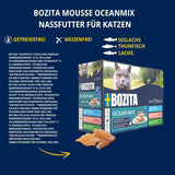 Bozita Mousse Ocean Mix - 12 x 85 g vlhké krmivo pro kočky s tuňákem, lososem nebo žlutou treskou - bez obilovin, bez cukru a umělých barviv - s postbiotiky pro zdravou střevní flóru