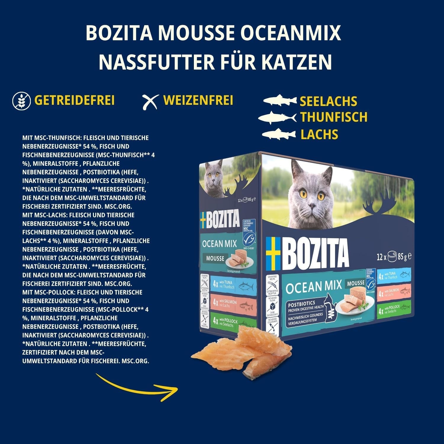 Bozita Mousse Ocean Mix - 12 x 85 g vlhké krmivo pro kočky s tuňákem, lososem nebo žlutou treskou - bez obilovin, bez cukru a umělých barviv - s postbiotiky pro zdravou střevní flóru