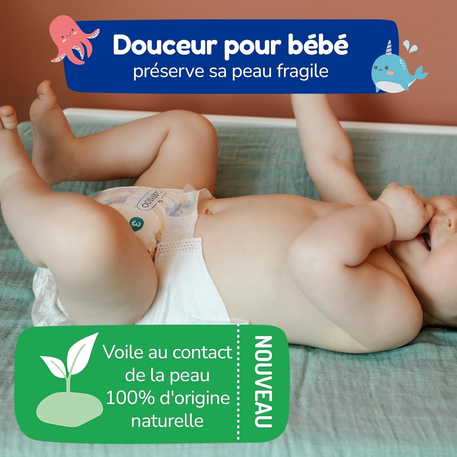 - Velikost pleny 4 (7 – 18 kg) – pro citlivou pokožku – přírodní a velmi savá – nepropustná 12 hodin – ohne unerwünschte Inhaltsstoffe – vyrobeno ve Francii – 132 plen