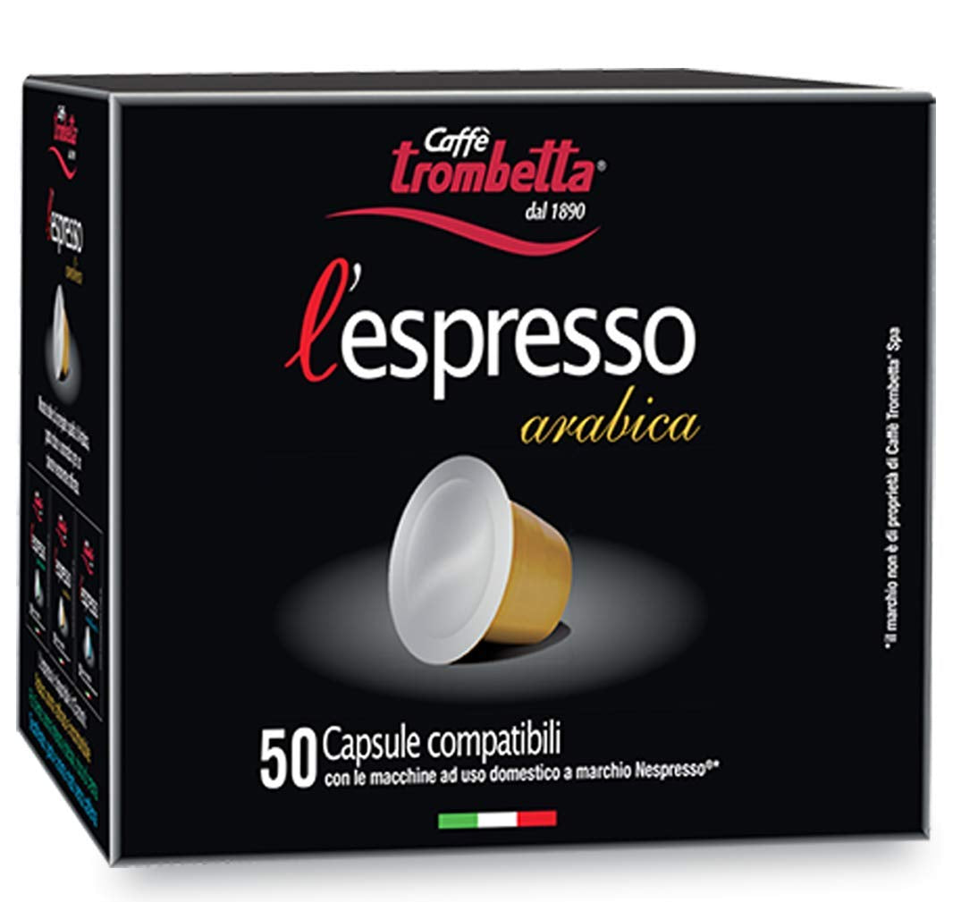 Caffè TROMBETTA L 'Espresso, Italien Kaffee Kapseln kompatibilní s Nespresso. Aus 100% Arabica mit einem Vollmundigen und Körperreichen - 50 Kapseln, 50 Stück (1er Pack)