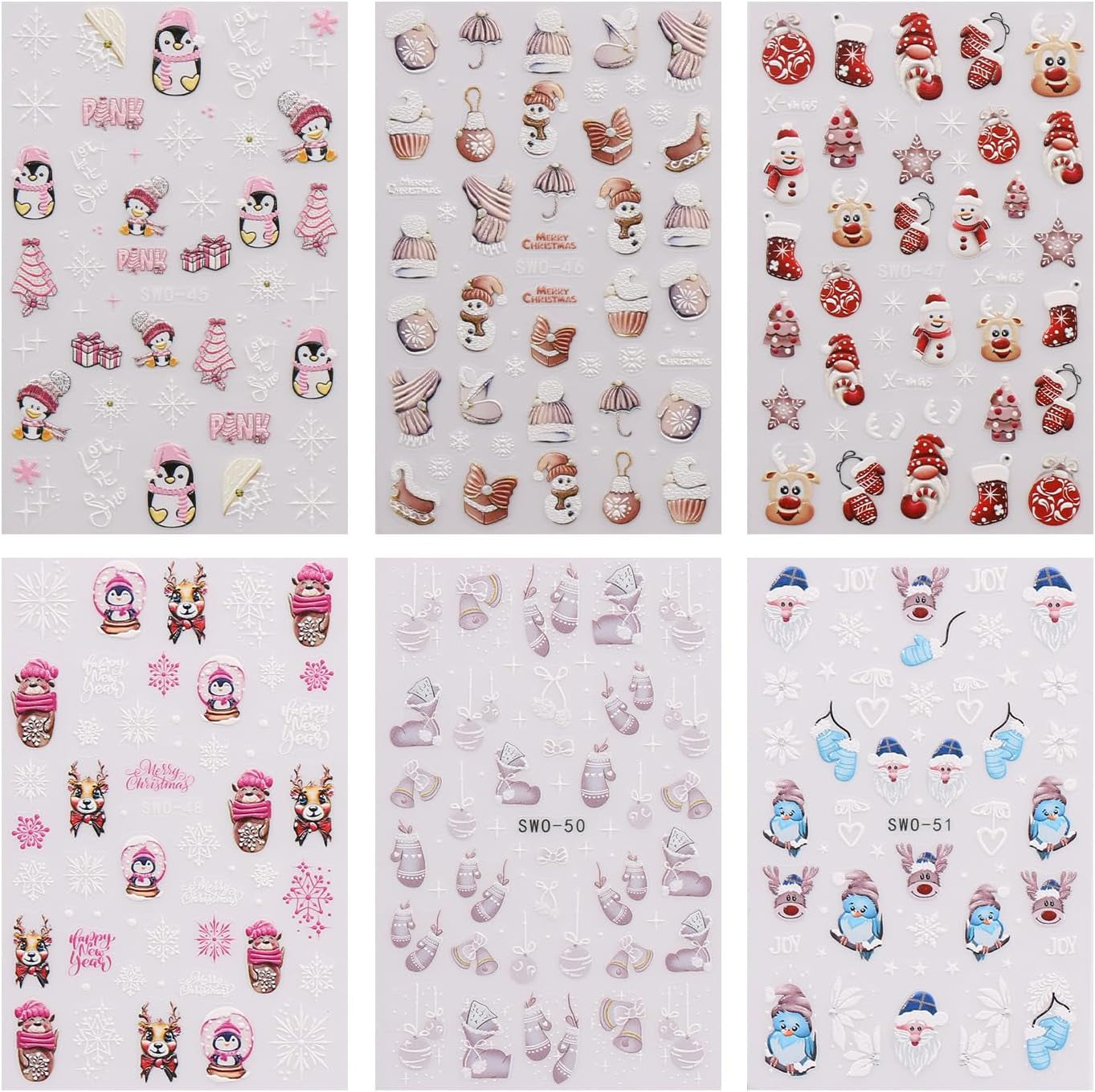 JMEOWIO Nagelsticker Weihnachten 6 Blatt Nail Art Sticker Selbtklebend Nagelaufkleber Schneeflocke Winter Urlaub Süß Dekoration Nageldesign Zubehör