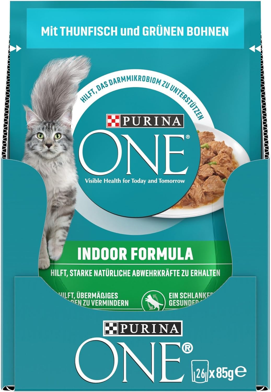 PURINA ONE Indoor Formula Mokré krmivo pro kočky, jemné kousky v domácí omáčce z tuňáka, balení 26 ks (26 x 85 g)