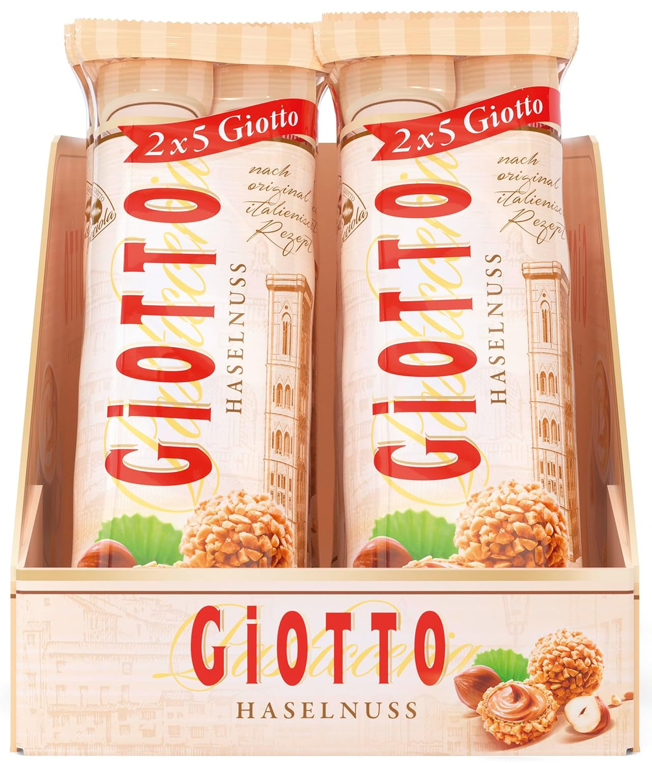 GiOTTO – cukrářská specialita připravená podle originální italské receptury – oplatková skořápka, mléčná a lískooříšková krémová náplň a poleva kousky lískových oříšků – 10 x 21,5g