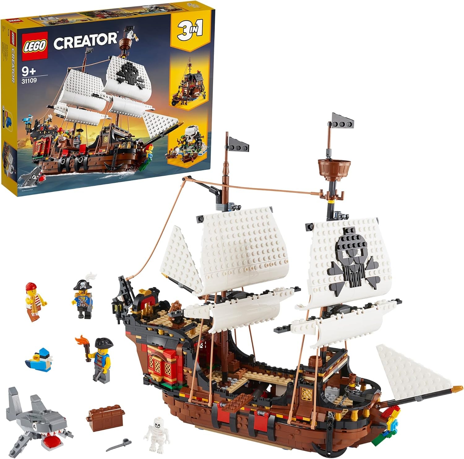 Sada pirátské lodi 3 v 1 od LEGO Creator, Hračka se 3 možnostmi sestavení, Postavte si pirátskou krčmu nebo Ostrov pirátů lebek, obsahuje 3 minifigurky pro dobrodružství při hraní rolí 31109 Stavebnice Besuche den LEGO-Store Standardní balení