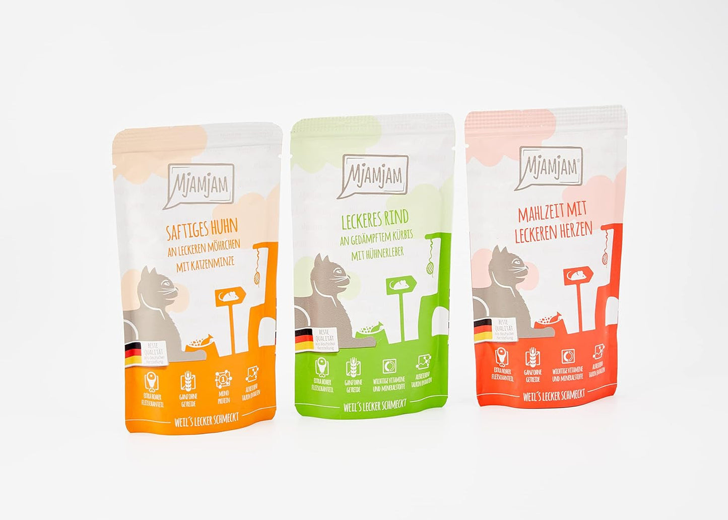 MjAMjAM - prémiové mokré krmivo pro kočky - smíšené balení I - kuře, hovězí maso, srdíčka 12 balení (12 x 125 g), bez obilovin s extra masem