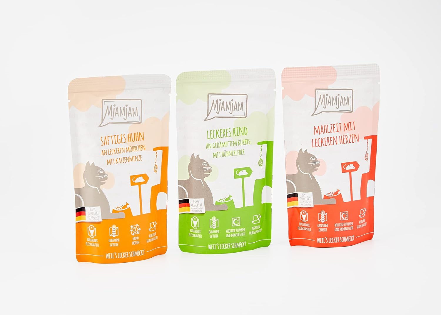 MjAMjAM - prémiové mokré krmivo pro kočky - smíšené balení I - kuře, hovězí maso, srdíčka 12 balení (12 x 125 g), bez obilovin s extra masem