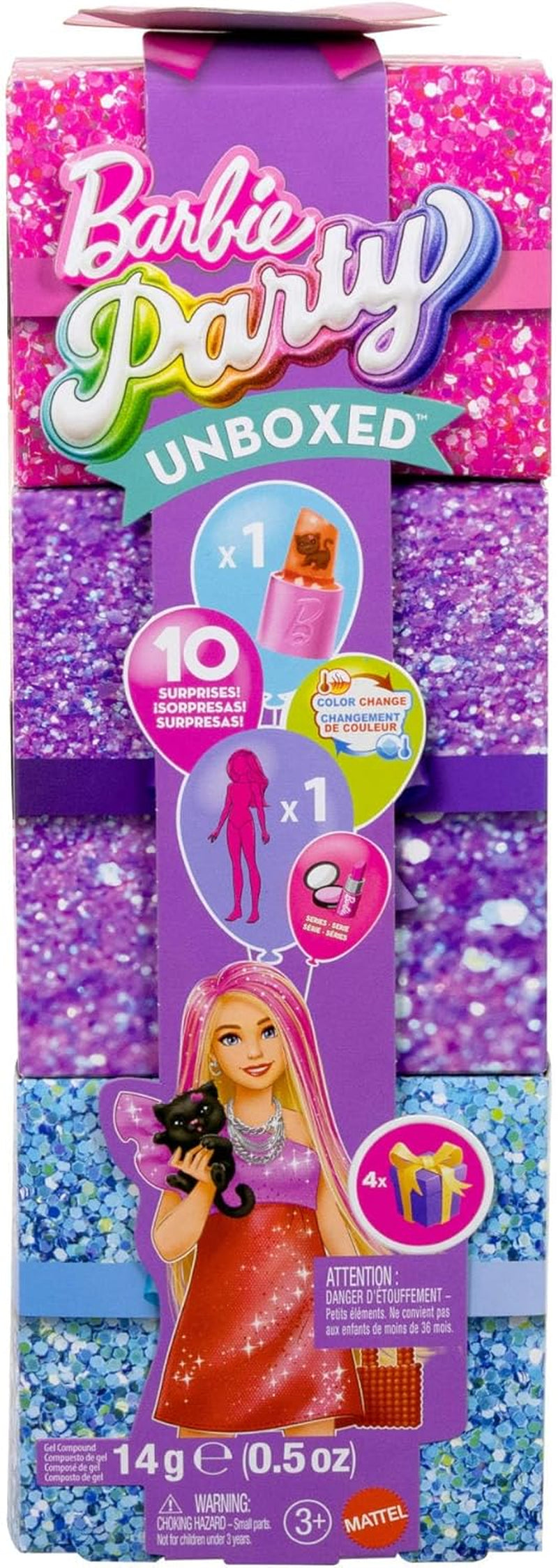 Barbie Party panenka bez krabice a doplňků, série Glam Party s 10 překvapeními, včetně jasně červené panenky s efektem změny barvy, JFY68