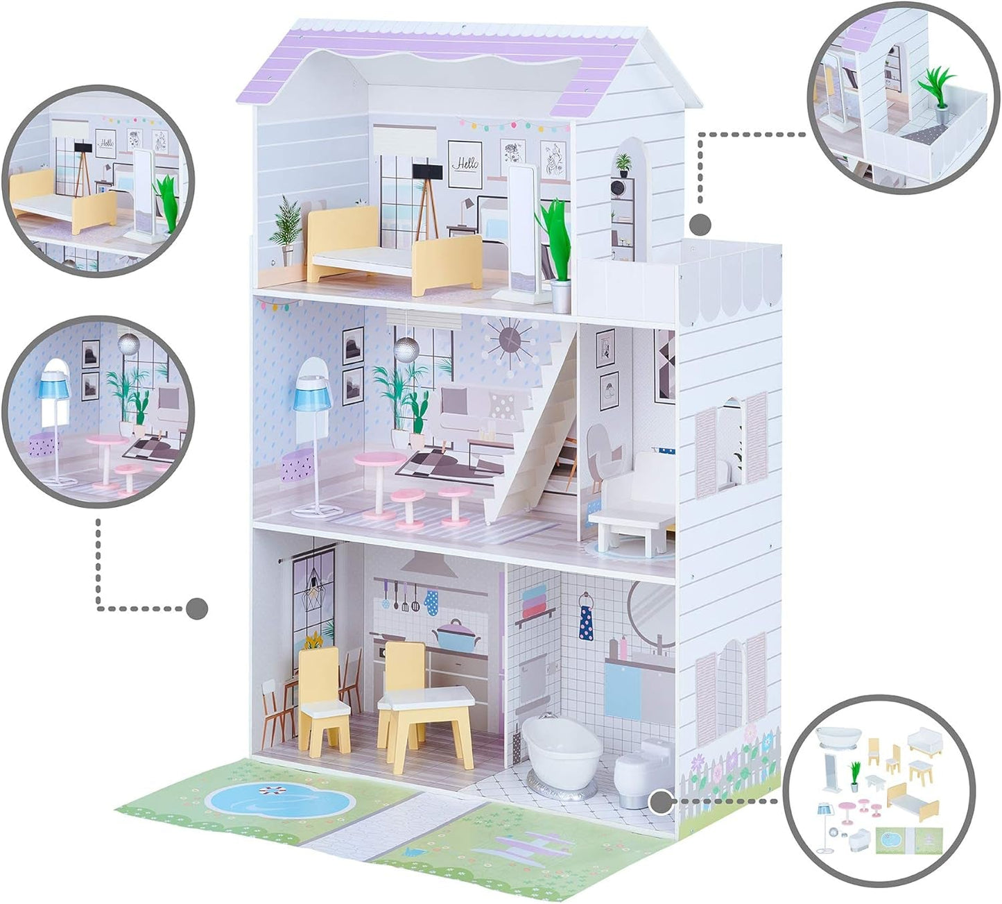 Obří domeček pro panenky Teamson Kids Olivias Little World se 16 doplňky pro panenky, dřevěný domeček pro panenky s nábytkem, 3patrový, dětský domeček pro panenky pro panenky 12 palců/30 cm, věk 3 roky+ Domky pro panenky Naty Shop